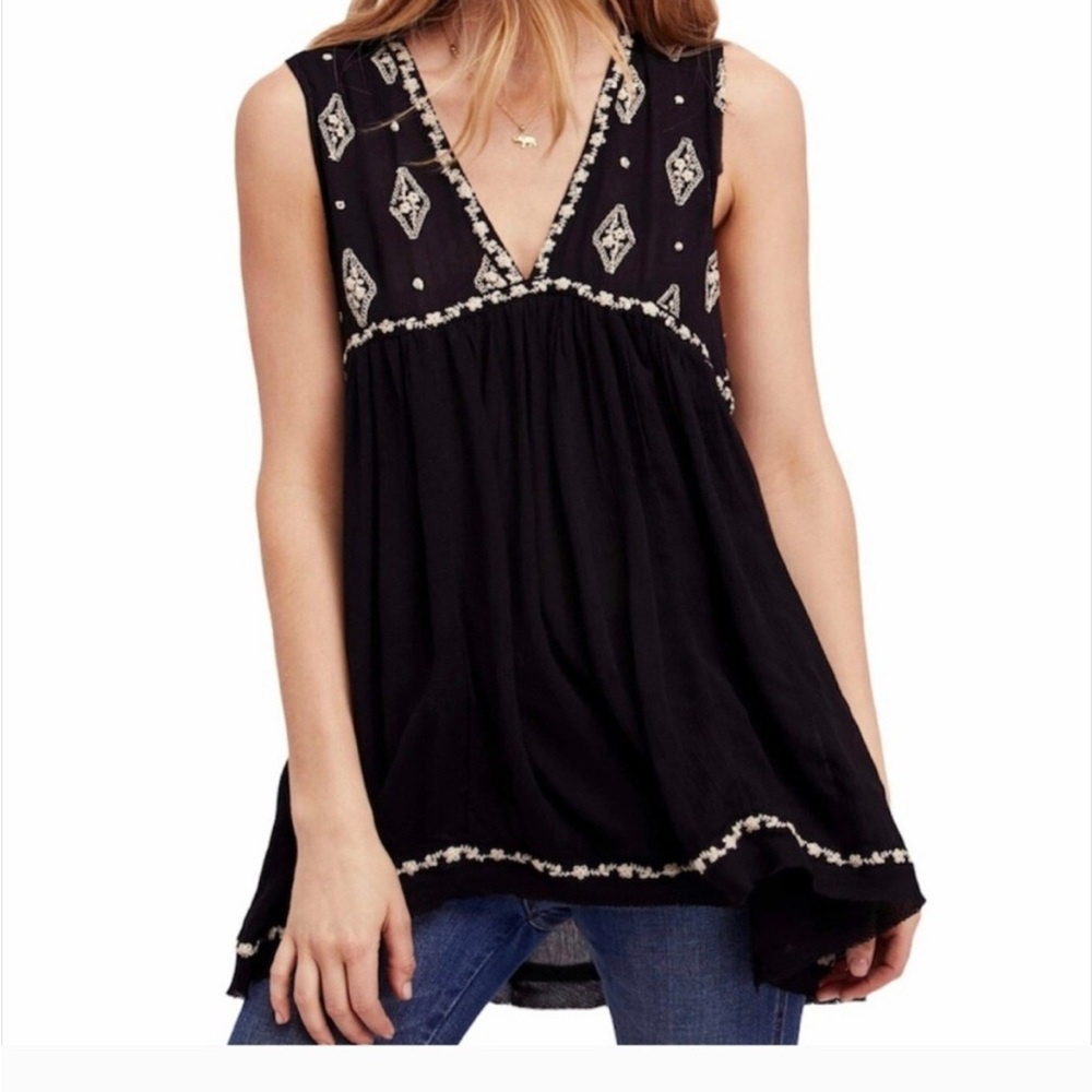 Free People Black Embroidered Tunic Top